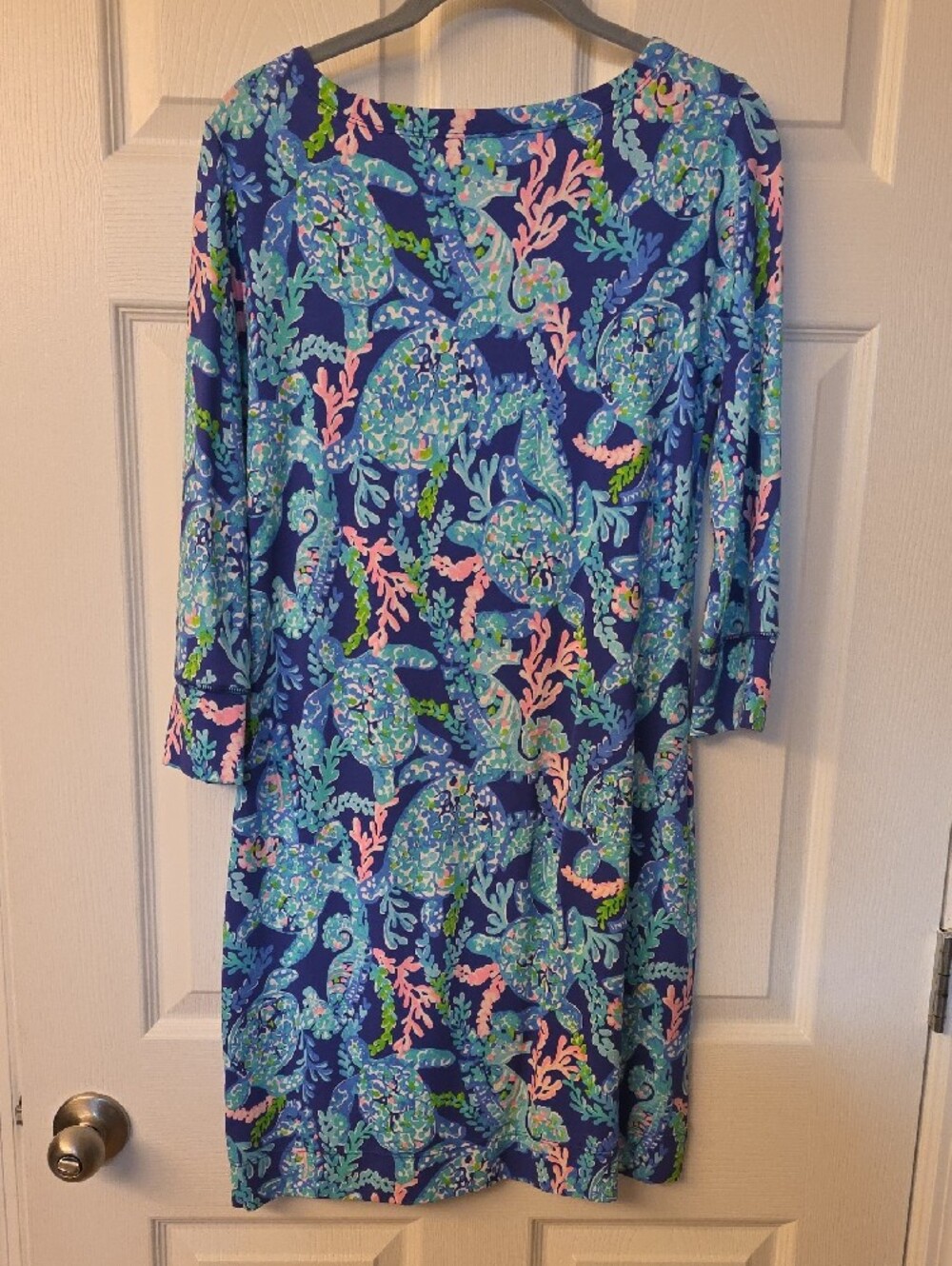 Lilly Pulitzer Blue Shift Dress with Pink & Aqua Accents with Gold Tone Buttons - Picture 5 of 5
